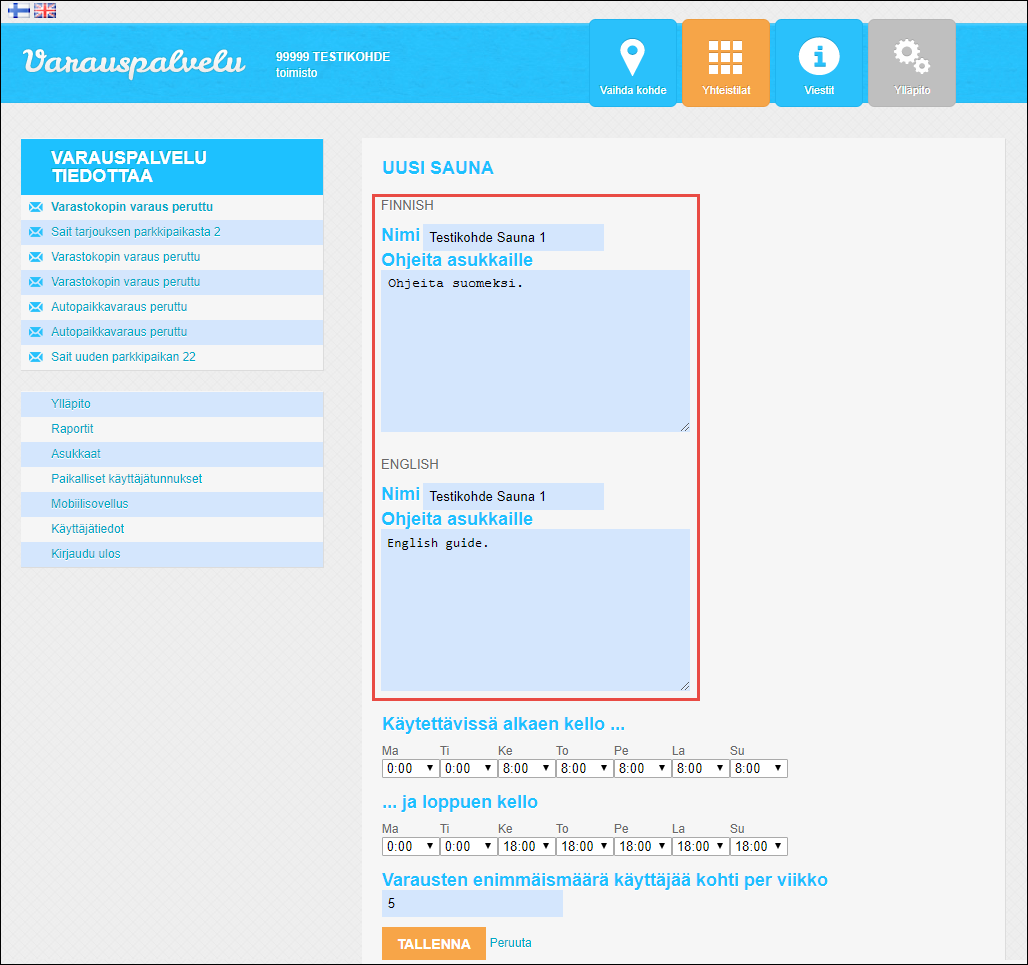 Booking - Saunatilan perustaminen